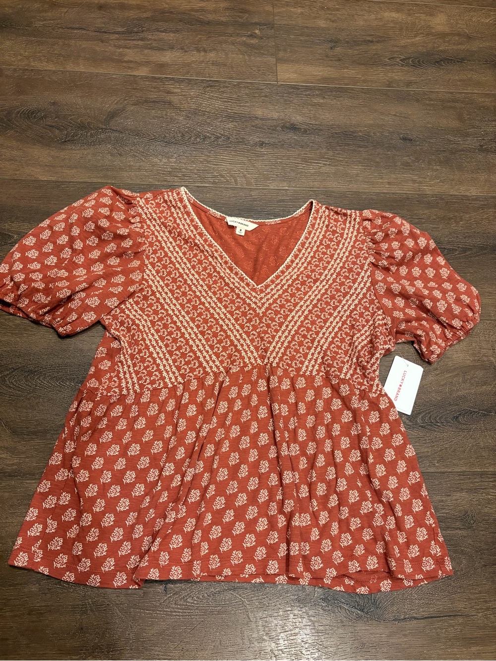 Lucky Brand Rust Floral V-Neck Peasant Tunic